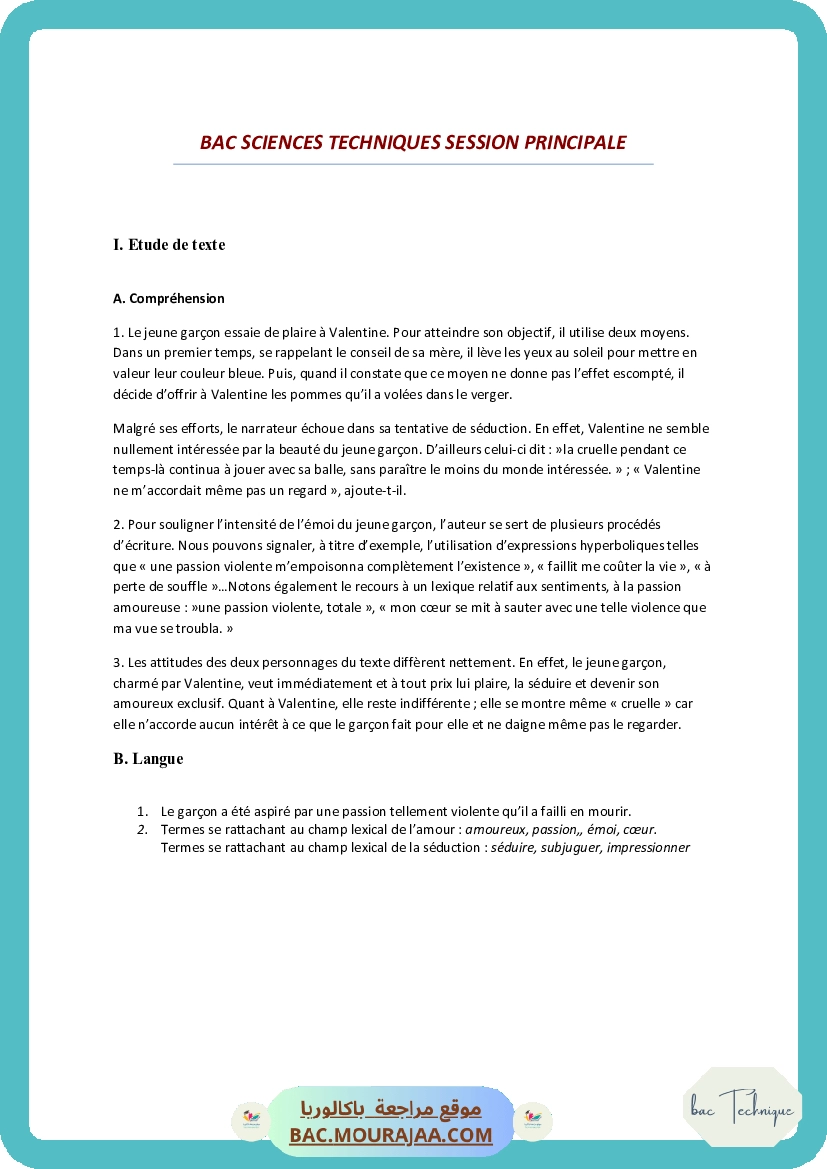 Corrigé principale francais Bac 2009 – Section technique